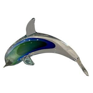 Czech Art Glass Dolphin Figurine Aqua Cobalt Blue Green Miloslav Janku Bohemian